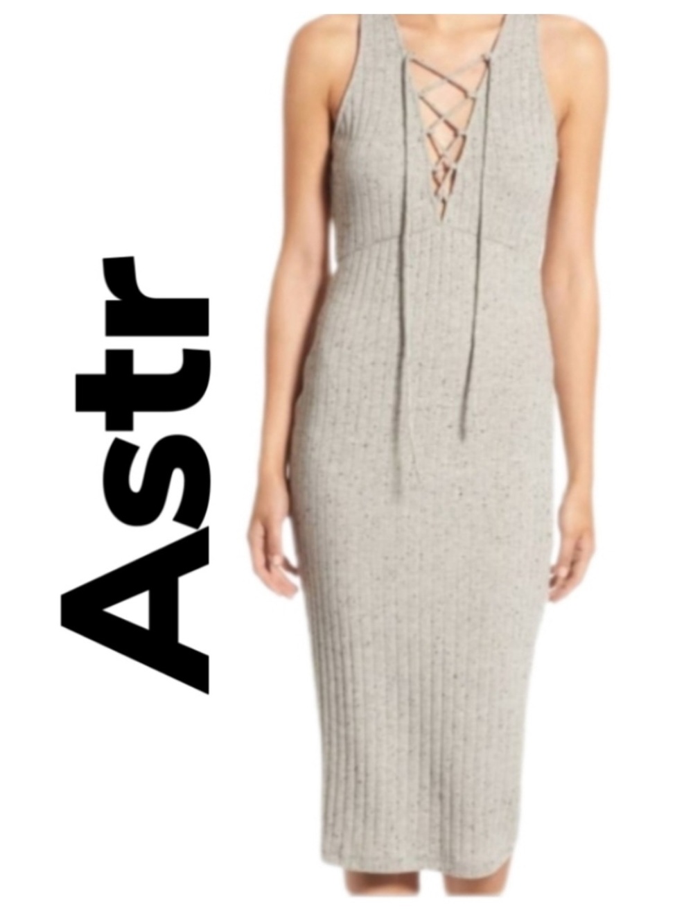ASTR The Label Gray Heather With Black Dots Lace Up Front Ribbed Knit Dress Sz S